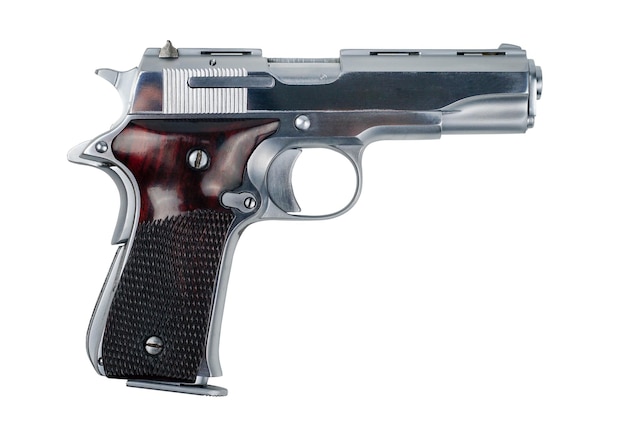 Short pistol, pistol, stainless steel automatic pistol gun, on white with clipping path.