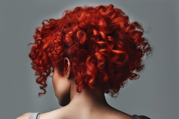 Short Red Afro Curls Rear View On Gray Background Generative AI