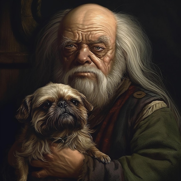 Short roundfaced man with bulging eyes holds Pekingese dog in his arms Owner and pet similar