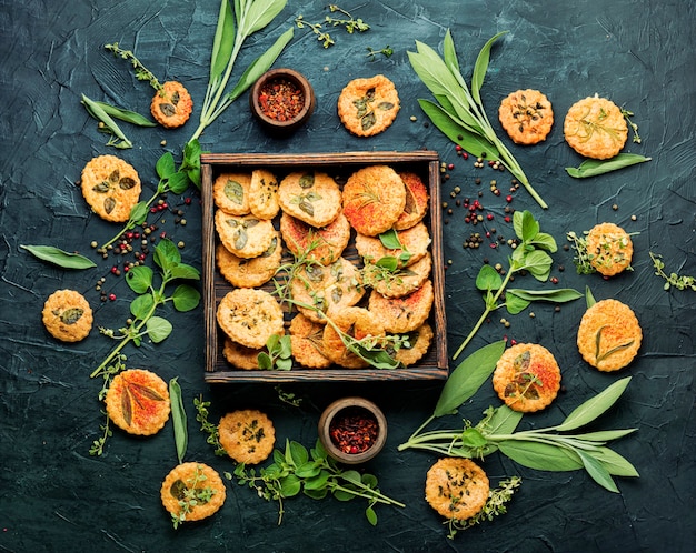 Shortbread cookies with spicy herbs.Cookies with sage,thyme and rosemary.