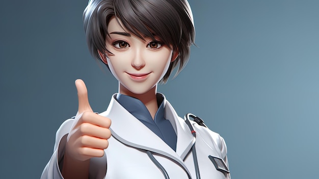 Shorthaired Chinese nurse giving a thumbsup in a medium shot wearing a white nurse uniform again