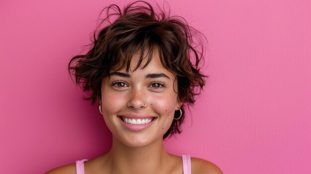 Foto donna dai capelli corti che posa su uno sfondo rosa