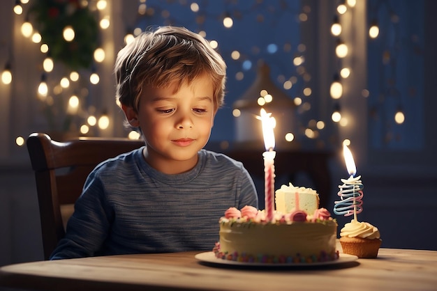 バースデーケーキのキャンドルを吹き消す 可愛い小さな男の子のショット 生成的なAIで作成された