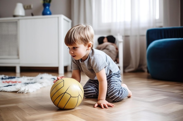 家でボールで遊んでいる可愛い小さな男の子のショットがジェネレーティブAIで作られました