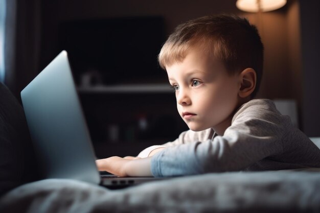 Shot of an adorable little boy using a laptop at home created with generative ai