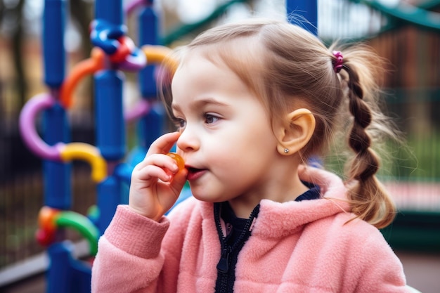 Shot of an adorable little girl blowing bubbles at a preschool playground created with generative ai