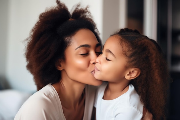 Shot of an adorable little girl kissing her mother on the cheek at home created with generative ai