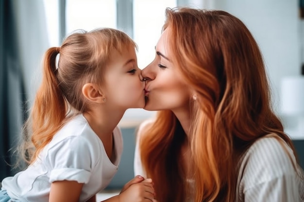 Shot of an adorable little girl kissing her mother on the cheek at home created with generative ai