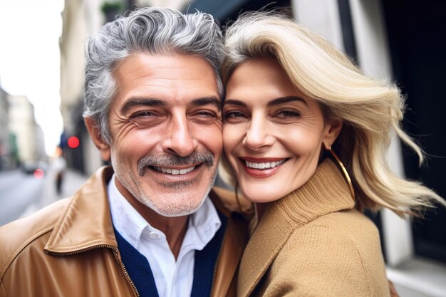 Photo shot of an affectionate couple taking a selfie while out in the city