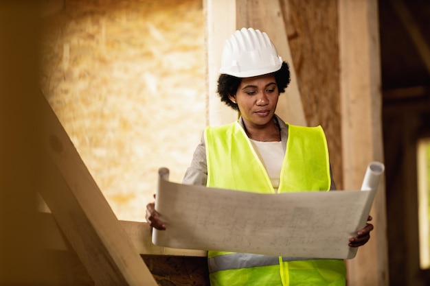 Shot of an African American female architect checking blueprints at the construction site of a new wooden house. She is wearing protective workwear and white helmet.