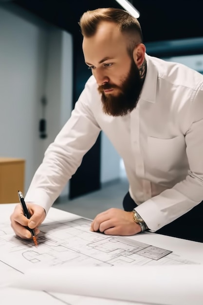 Shot of an architect working on a building design plan created with generative ai