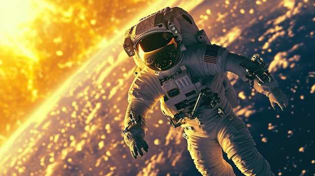 우주복을 입고 우주로 날아다니는 우주비행사가 우주에서 지구를 지켜보는 애니메이션 스타일의 스페이스 뷰 레벨 입니다.