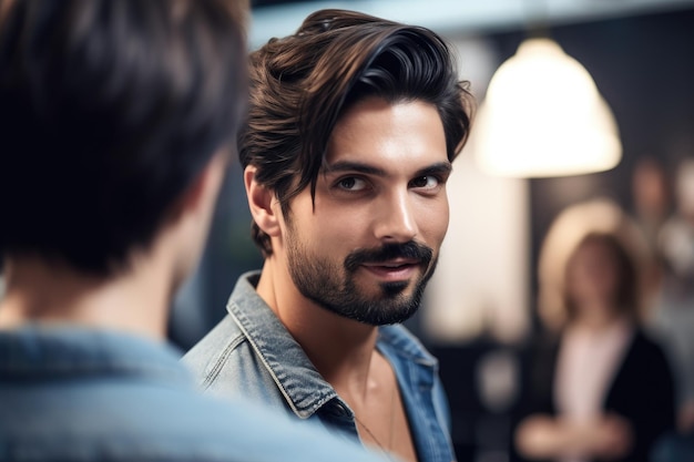 Shot of an attractive man talking to a woman in the background created with generative ai