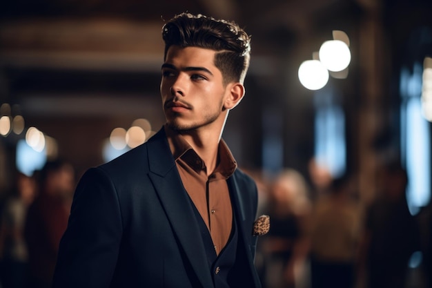 Shot of an attractive young man holding his model during a fashion show