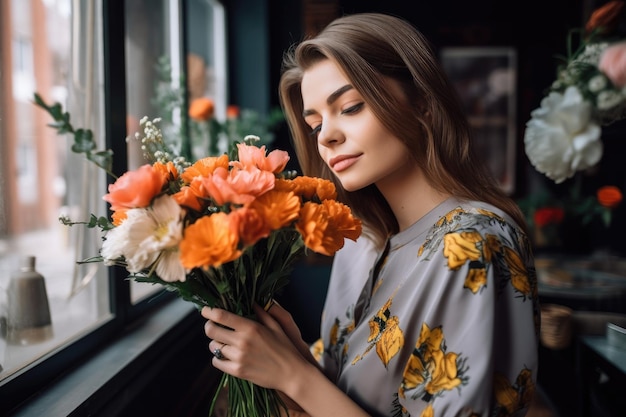 Shot of an attractive young woman admiring a bouquet she received created with generative ai