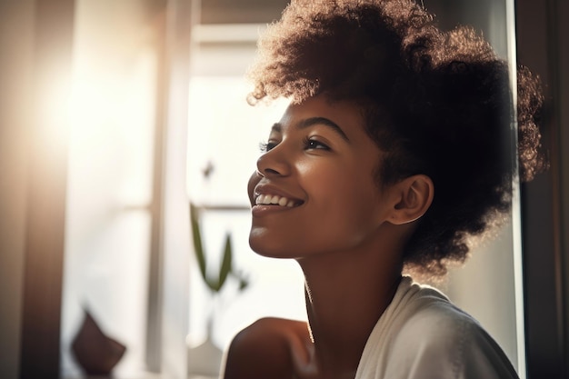 Shot of an attractive young woman enjoying her morning at home created with generative ai