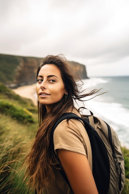 Shot of an attractive young woman going for a hike by the ocean created with generative ai