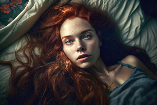 Shot of an attractive young woman lying on her bed created with generative ai