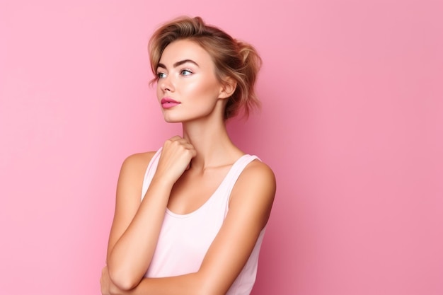 Shot of an attractive young woman standing against a pink background created with generative ai