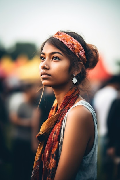 Shot of an attractive young woman standing alone while at festival created with generative ai