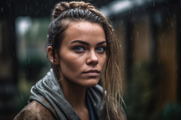 雨の中、外に立っている魅力的な若い女性のショット