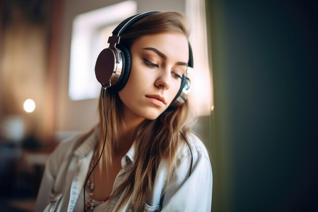 Shot of an attractive young woman using headphones at home created with generative ai