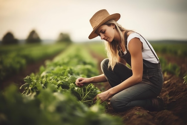 생성 AI로 만든 채소 농장에서 일하는 매력적인 젊은 여성의 