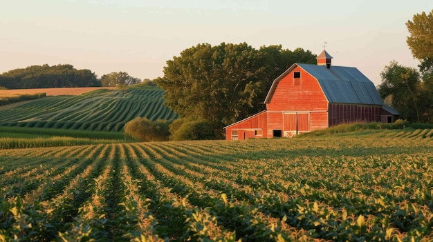 Shot of a barn surrounded by fields of crops