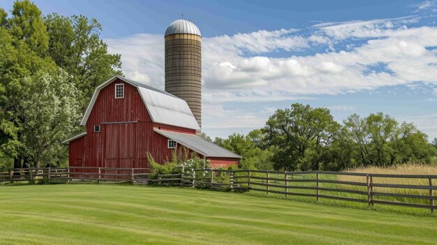 Shot of a barn with a well maintained silo nearby