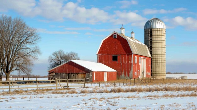 Shot of a barn with a well maintained silo nearby