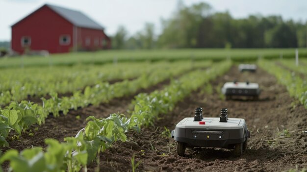 Shot of a barnyard with autonomous agricultural robots