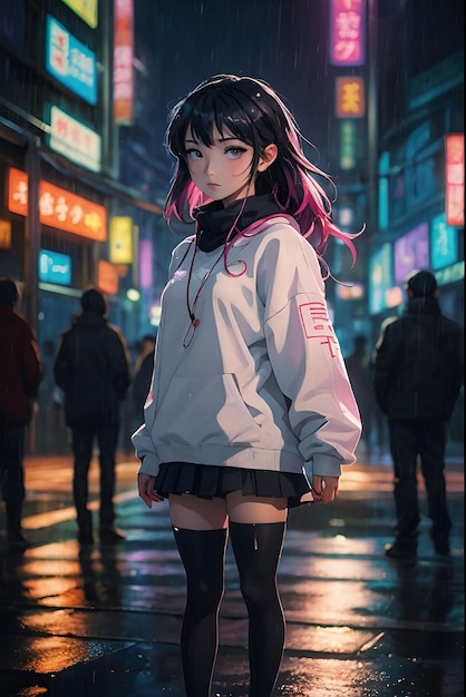 A shot of a beautiful asian woman wearing a white hoodie in the city at night