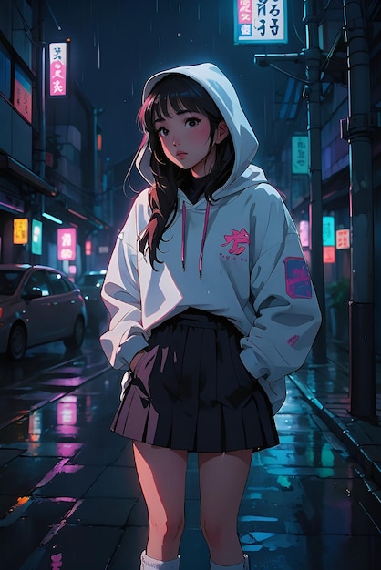 A shot of a beautiful asian woman wearing a white hoodie in the city during the rain at night