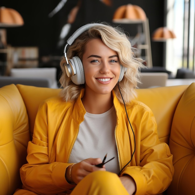 A shot of Beautiful blonde woman in white headphones listening music sitting on sofa Generative AI