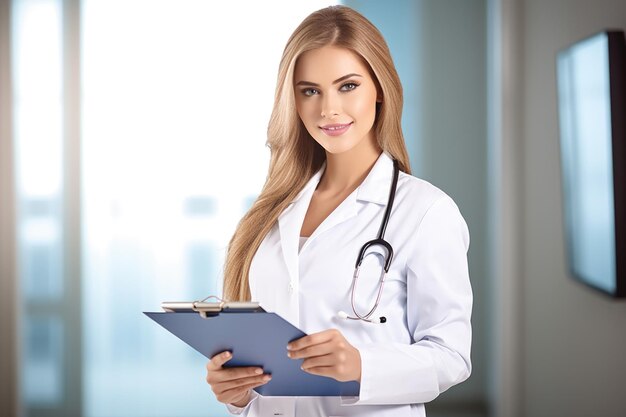 Shot of a beautiful young female doctor holding a clipboard created with generative ai