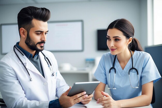 Shot of beautiful young woman doctor talking with her colleague while looking digital tablet in hospital