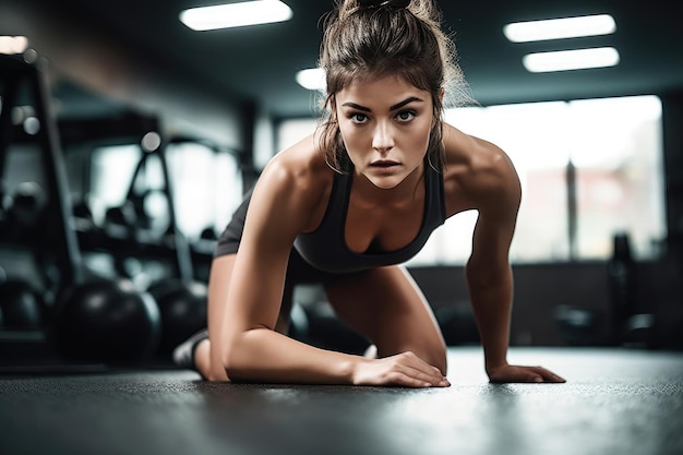 Photo shot of a beautiful young woman doing an exercise in the gym created with generative ai