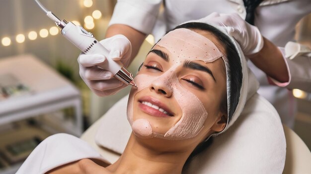 Photo shot of a beautiful young woman on a facial dermapen micro needling treatment at the beauty salon