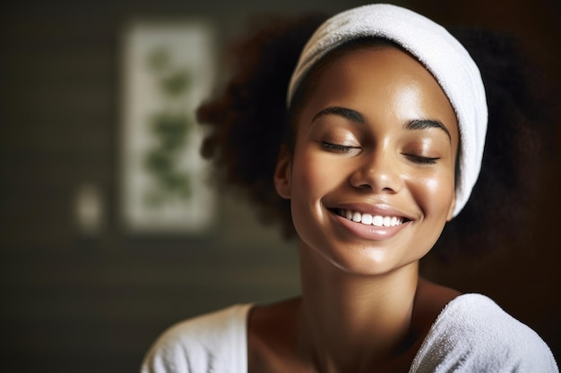 Shot of a beautiful young woman smiling while at the spa created with generative ai