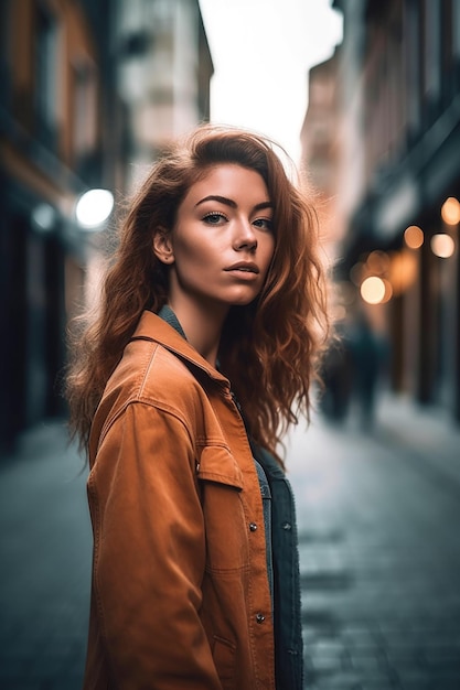 Снимка красивой молодой женщины, стоящей на городской улице, созданная с помощью генеративного искусственного интеллекта