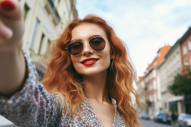 Shot of a beautiful young woman taking a selfie created with generative ai