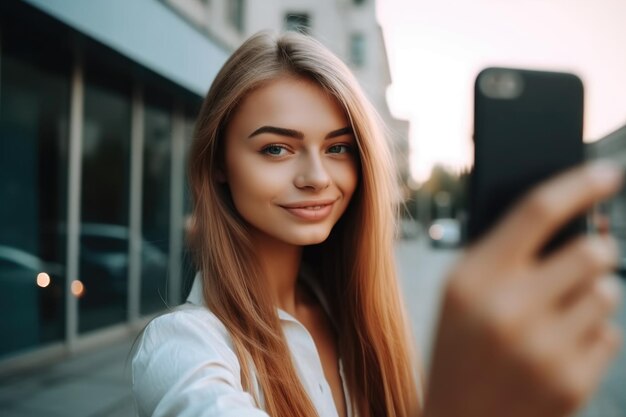 生成 AI で作成された、携帯電話で自撮りをしている美しい若い女性のショット