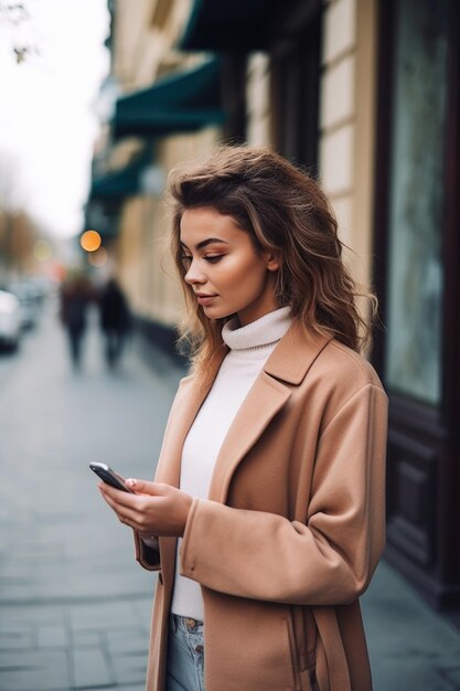 Foto scatto di una bellissima giovane donna che usa il suo smartphone mentre si trova all'aperto