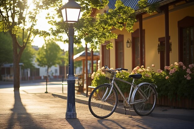 Photo a shot of a bicycle leaning against a light post in a city setting