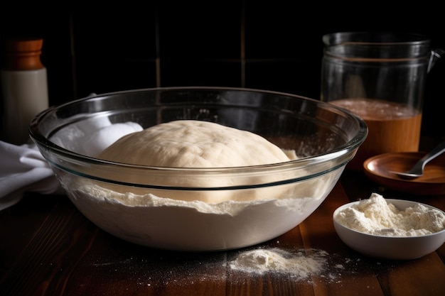 Shot of a bowl of fresh dough ready to be baked created with generative ai