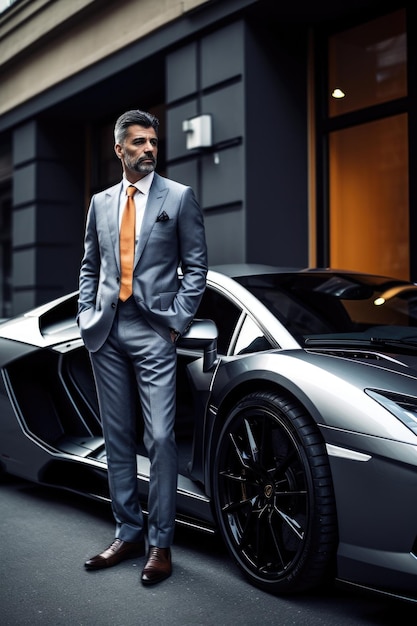 Shot of a businessman standing in front of his luxury sports car created with generative ai