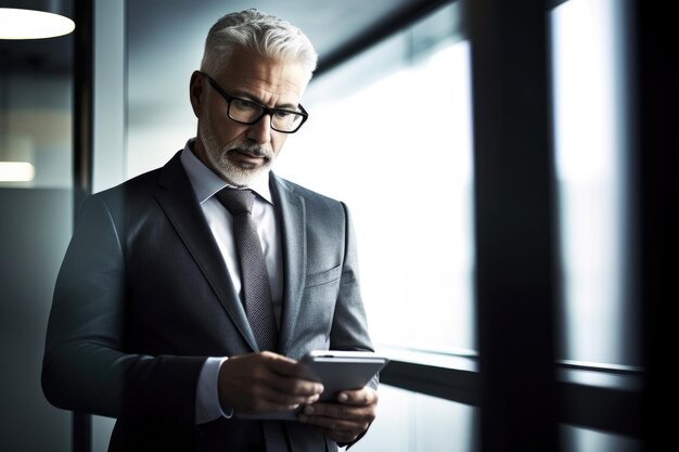 Photo shot of a businessman using his digital tablet in the office created with generative ai