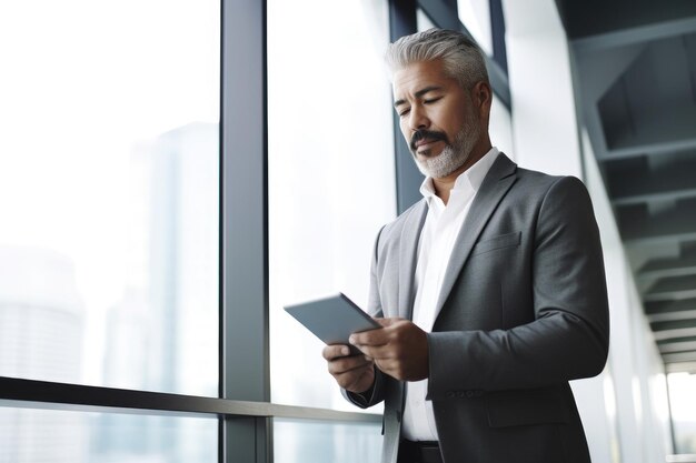 Photo shot of a businessman using his digital tablet in the office created with generative ai