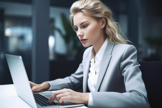 Снимка бизнесменки, использующей ноутбук на работе, созданная с помощью генеративного искусственного интеллекта
