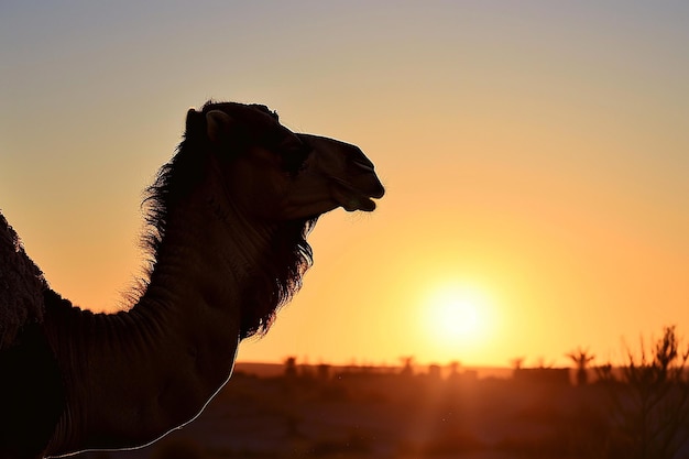 오아시스와 함께 해가 뜨는 모습에 대한 낙타 실루 사진